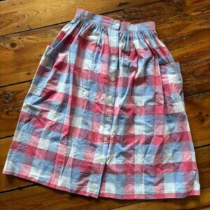 Vintage Pink and Blue Cotton Plaid Midi Skirt with Pockets